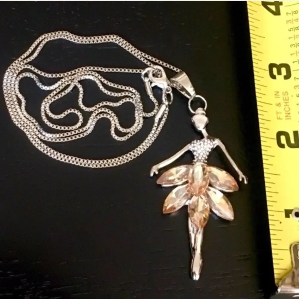 Crystal Ballerina Dancer Long Pendant Necklace Tutu Ballet